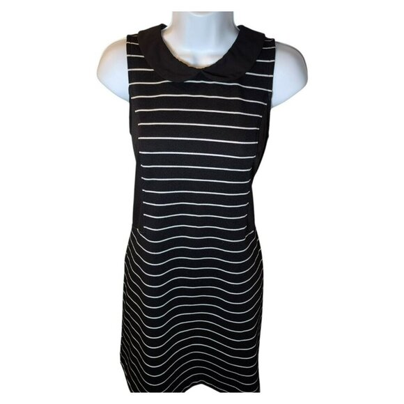 ELLE Dress Small Black White Striped Sleeveless Peter Pan Collar 32" Preowned - Picture 6 of 10